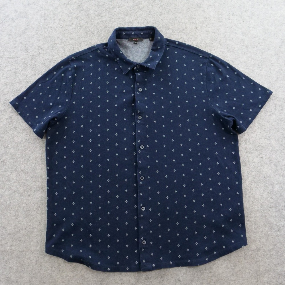 Vince Shirt Mens XXL 2XL Blue Geometric Print Short Sleeve Button Cotton Knit